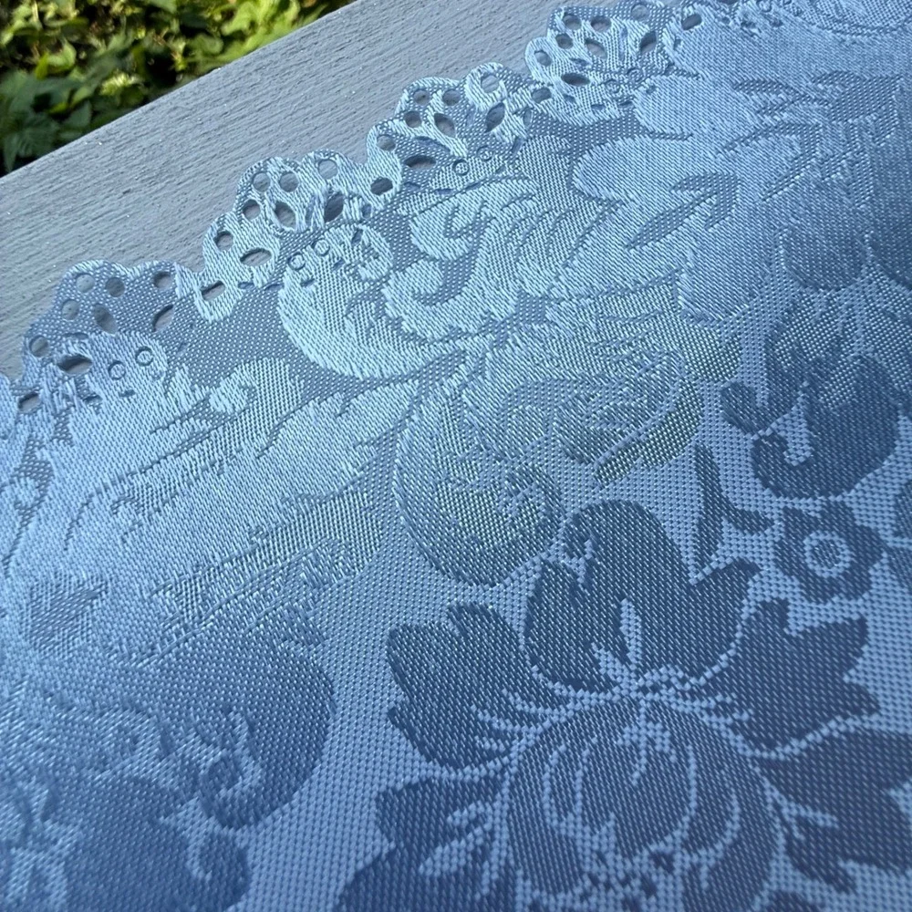 Light Blue Damask Table Runner Tassel Lace Trim Floral Brocade 34x15 0906